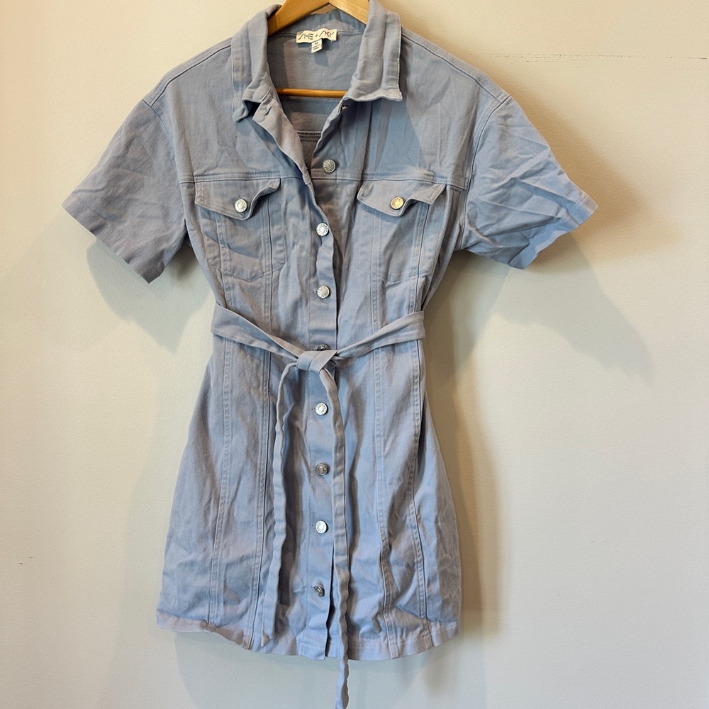 Light Blue Button-Front Shirt Dress with Waist Tie
